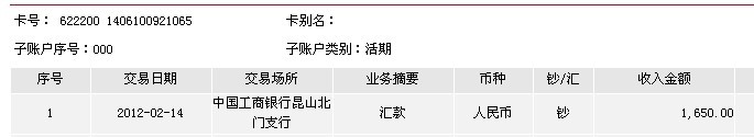 2月14日昆山買(mǎi)家匯款1650元至工行帳戶